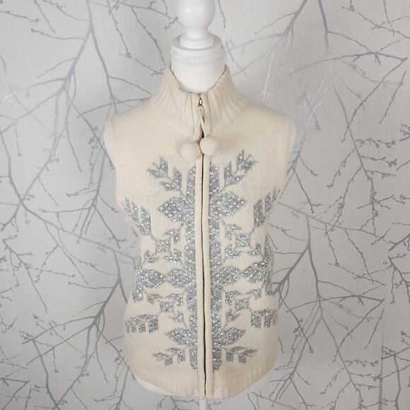 Tabi Lambswool Angora Blend Sequin Snowflake Full Zip Turtleneck Sweater Vest - Picture 1 of 7